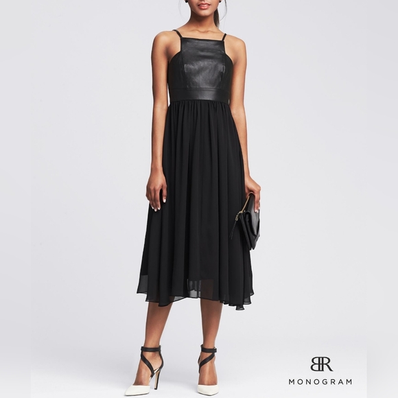 BANANA REPUBLIC MONOGRAM LEATHER MIDI DRESS BLACK 0 NWT